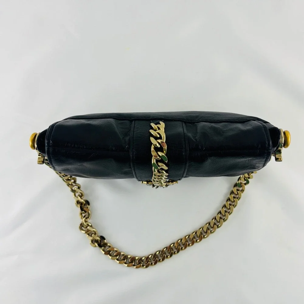 Wilsons Leather Black Leather Bag Shoulder or Clutch Gold Chain Rhinestone Crown